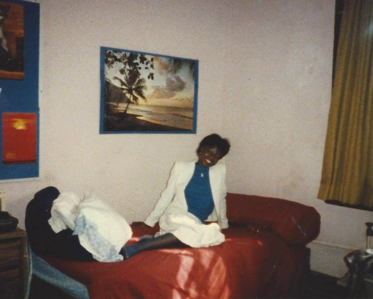 NMaat (mom) inside The Quad in her white suit in 1985-86
